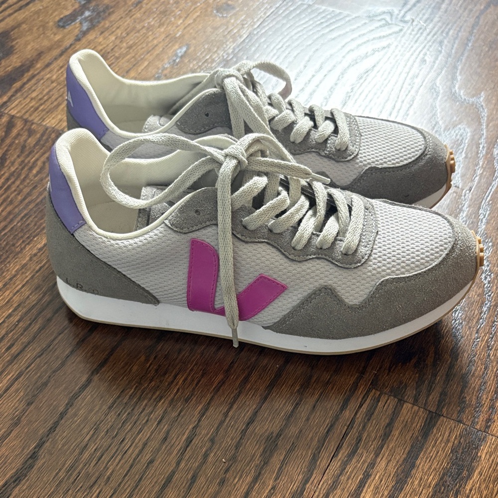 Veja Gray and Pink Sneakers with Purple Heel - Picture 3 of 5